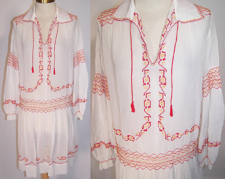 Vintage White Batiste Red & Yellow Smocking Embroidered Drop Waist Peasant Dress