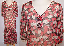 Vintage Red Black & White Berry Leaf Print Silk Chiffon Drop Waist Dress