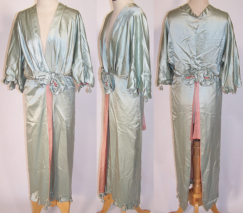 Vintage Blue & Pink Silk Satin Rosette Trim Negligee Peignoir Robe