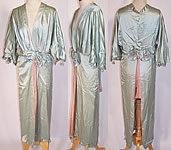 Vintage Blue & Pink Silk Satin Rosette Trim Negligee Peignoir Robe