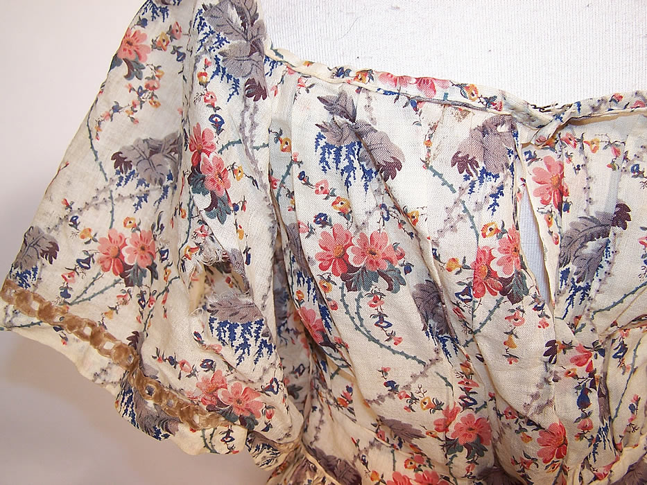 Victorian Floral Cherry Blossom Print Wool Challis Hoop Skirt Dress frayed holes in the sleeve close up.