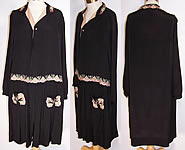 Vintage Black Silk Pink Embroidered Pleated Skirt Drop Waist Flapper Dress