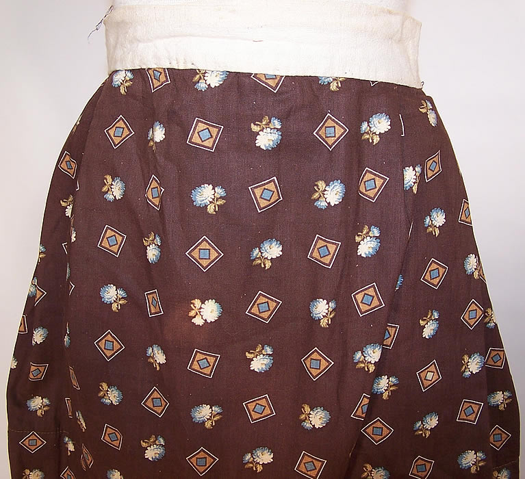 Victorian Blue Cornflower Brown Cotton Calico Print Quilted Winter Petticoat Skirt