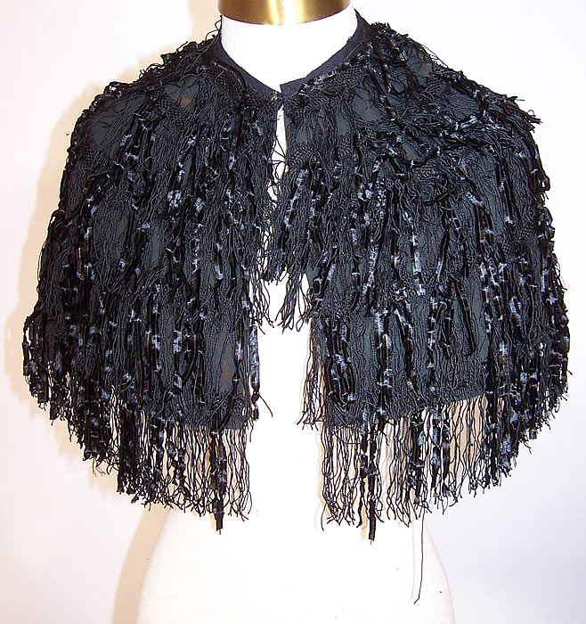 Victorian Black Silk Chenille Fringe Short Cropped Cloak Cape Capelet