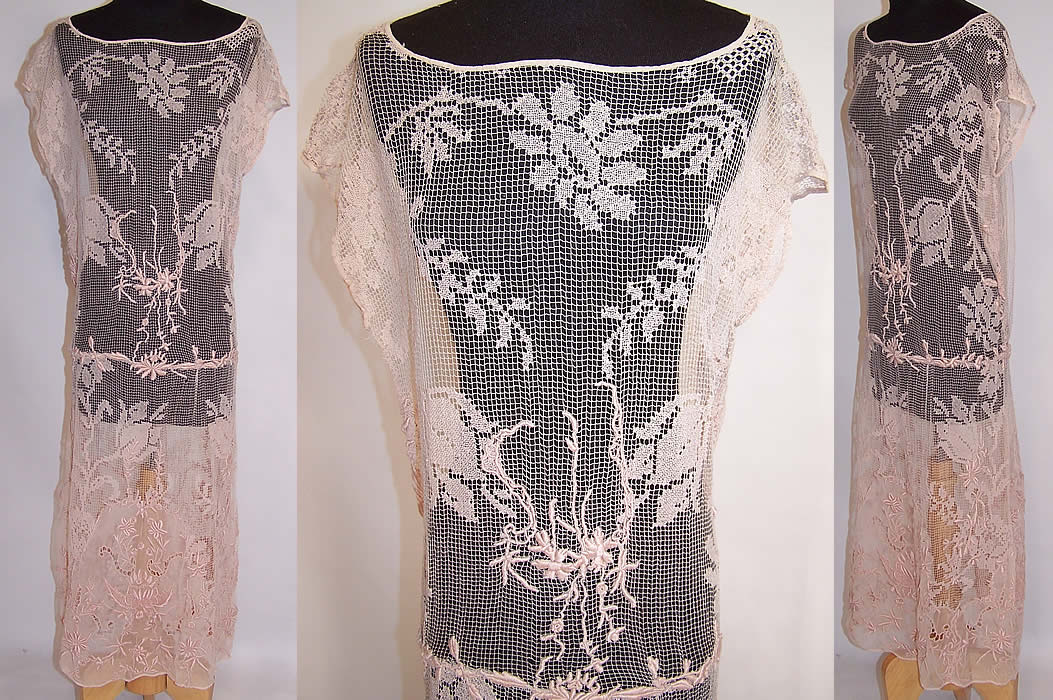 Vintage Blush Pink Embroidered Net French Knot Filet Lace Drop Waist Dress