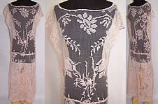 Vintage Blush Pink Embroidered Net French Knot Filet Lace Drop Waist Dress