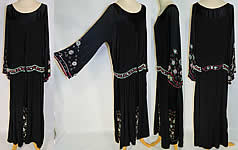 Art Deco Black Silk Multi-Color Beaded Belted Drop Waist Flapper Dress