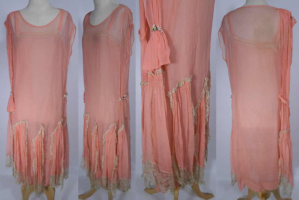 Vintage Peach Silk Chiffon Lace Rosette Trim Drop Waist Flapper Dress & Slip