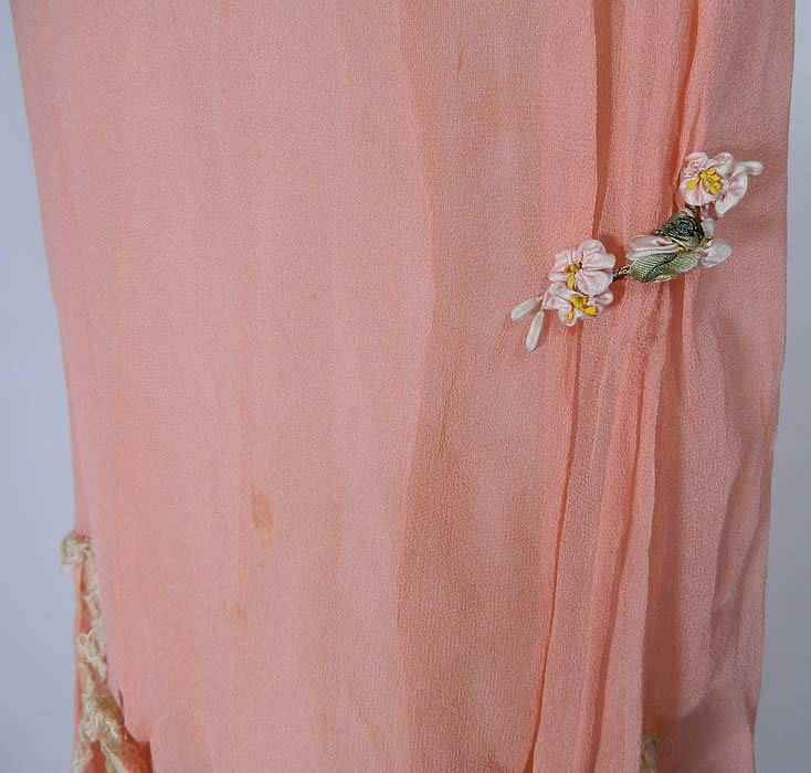 Vintage Peach Silk Chiffon Lace Rosette Trim Drop Waist Flapper Dress & Slip