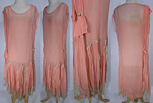 Vintage Peach Silk Chiffon Lace Rosette Trim Drop Waist Flapper Dress & Slip