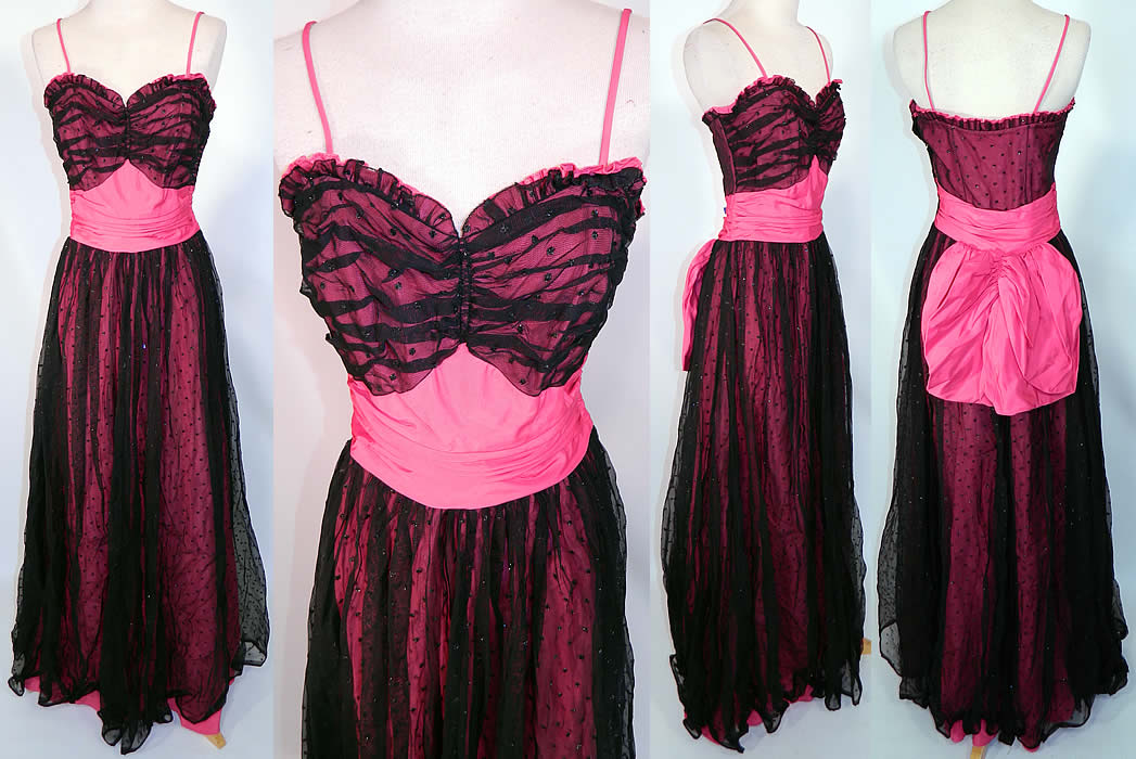 Vintage Pink Taffeta Black Net Glitter Polka Dot Dress Formal Gown