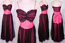 Vintage Pink Taffeta Black Net Glitter Polka Dot Dress Formal Gown