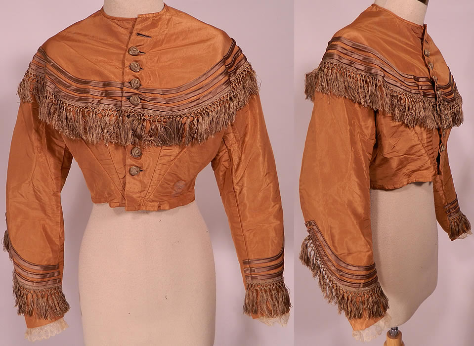 Victorian Civil War Era Light Brown Silk Moire Fringe Trim Bodice Top