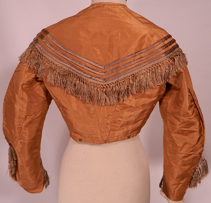 Victorian Civil War Era Light Brown Silk Moire Fringe Trim Bodice Top back view.