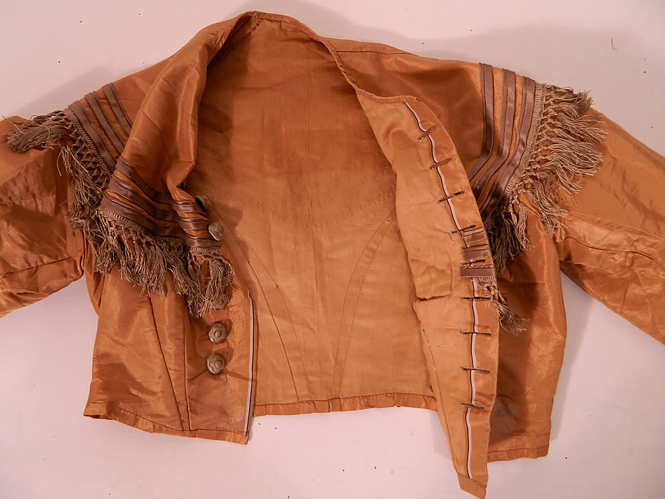 Victorian Civil War Era Light Brown Silk Moire Fringe Trim Bodice Top