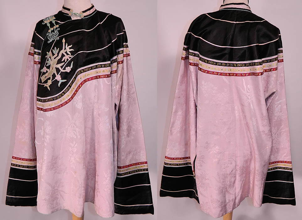 Antique Chinese Lilac Silk Damask Brocade Floral Applique Robe Coat