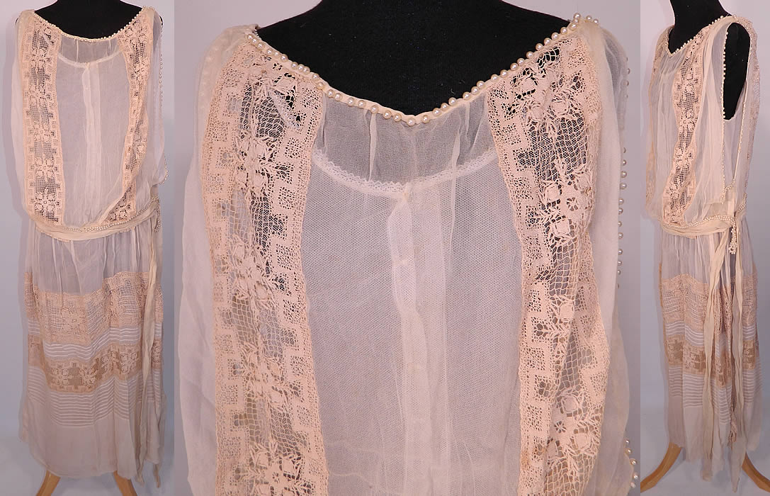 Vintage Cream Silk Chiffon Crochet Lace Pearl Beaded Drop Waist Wedding Dress