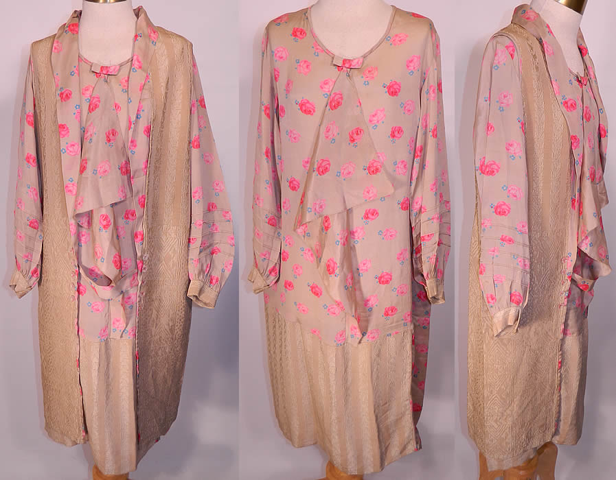 Vintage Ecru Silk Pink Roses Print Drop Waist Dress & Vest Jacket