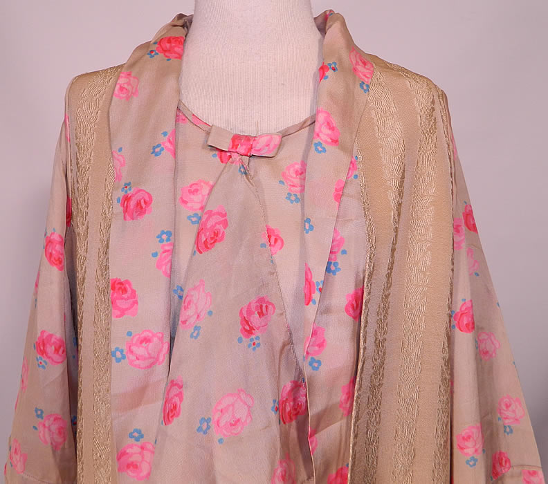 Vintage Ecru Silk Pink Roses Print Drop Waist Dress & Vest Jacket