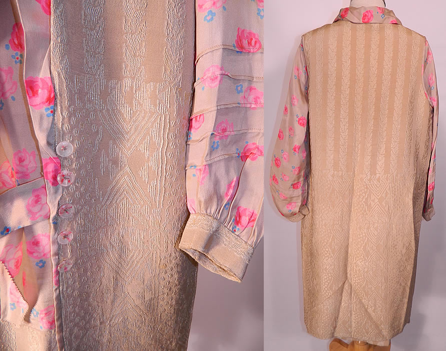 Vintage Ecru Silk Pink Roses Print Drop Waist Dress & Vest Jacket