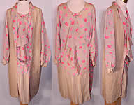 Vintage Ecru Silk Pink Roses Print Drop Waist Dress & Vest Jacket