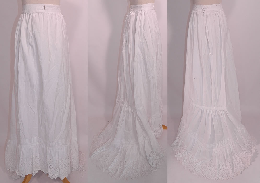 Victorian White Cotton Ayrshire Whitework Lace Train Bustle Wedding Petticoat Skirt