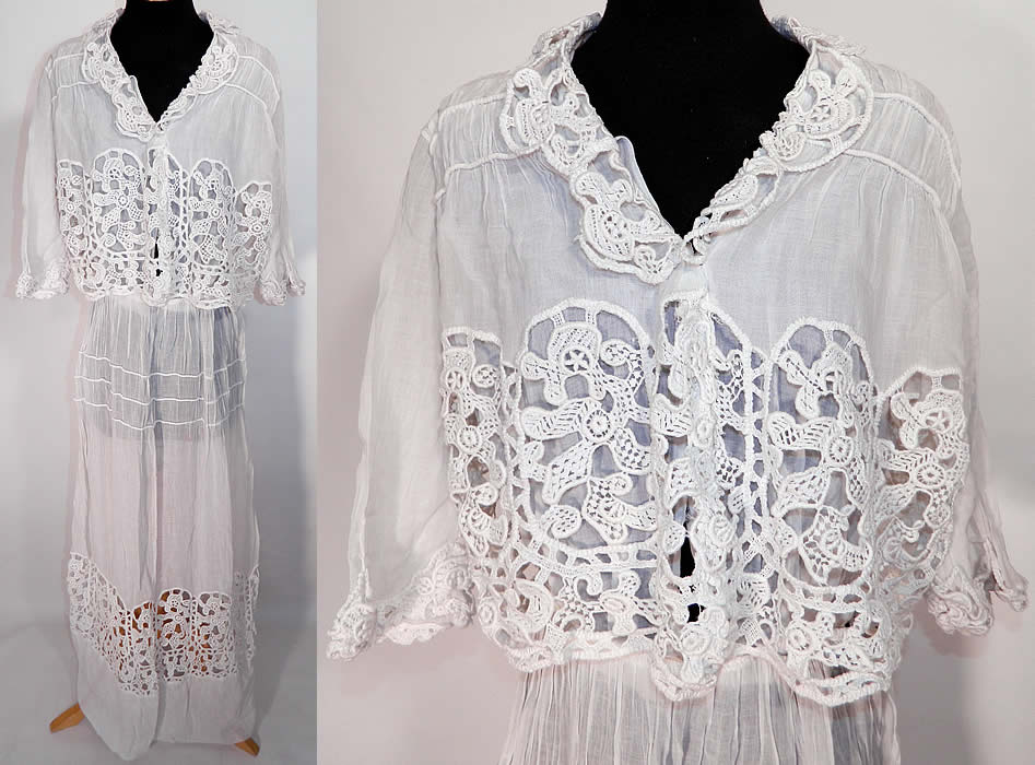 Edwardian White Cotton Batiste Lace Over Blouse Graduation Tea Dress.  This antique Edwardian era white cotton batiste lace over blouse graduation tea dress dates from 1910. It is made of a sheer fine white cotton batiste lawn fabric, with pleated gathers and crochet lace cut work inserts.