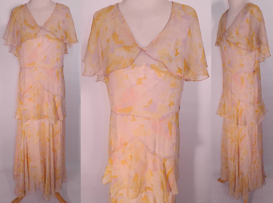 Vintage Pastel Silk Chiffon Floral Print Shawl Collar Bias Cut Dress. It is made of a pale pastel pink, purple and yellow sheer silk chiffon fabric, with a floral print pattern design. 