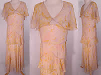 Vintage Pastel Silk Chiffon Floral Print Shawl Collar Bias Cut Dress