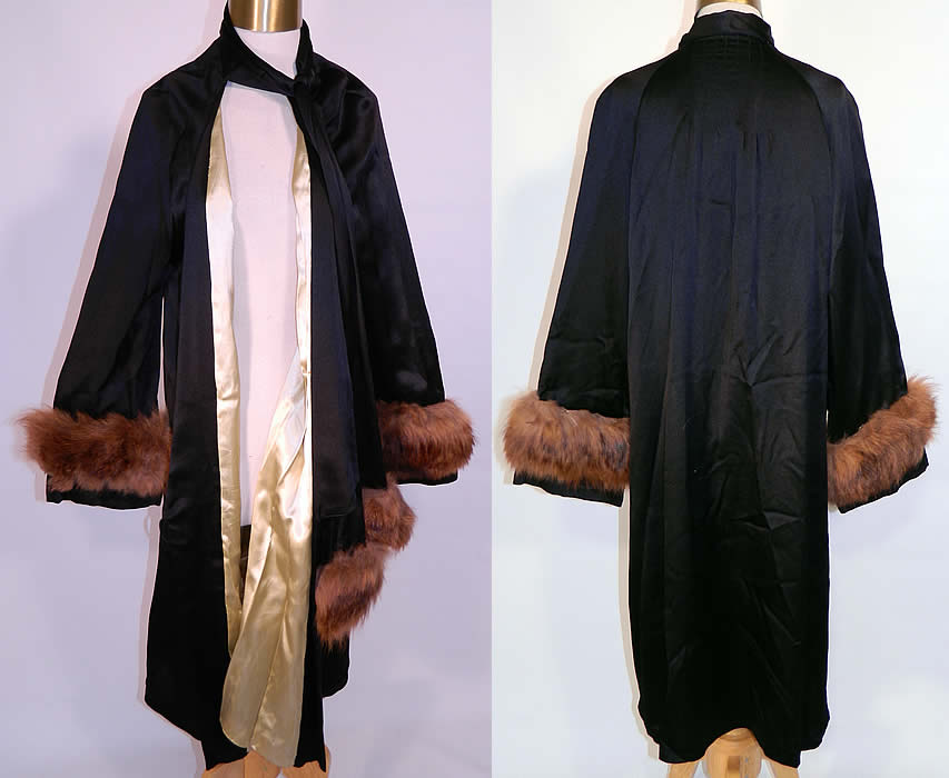 Vintage Art Deco Black Silk Fur Trim Evening Cocoon Opera Coat Jacket. This vintage Art Deco black silk fur trim evening cocoon opera coat jacket dates from the 1920s.