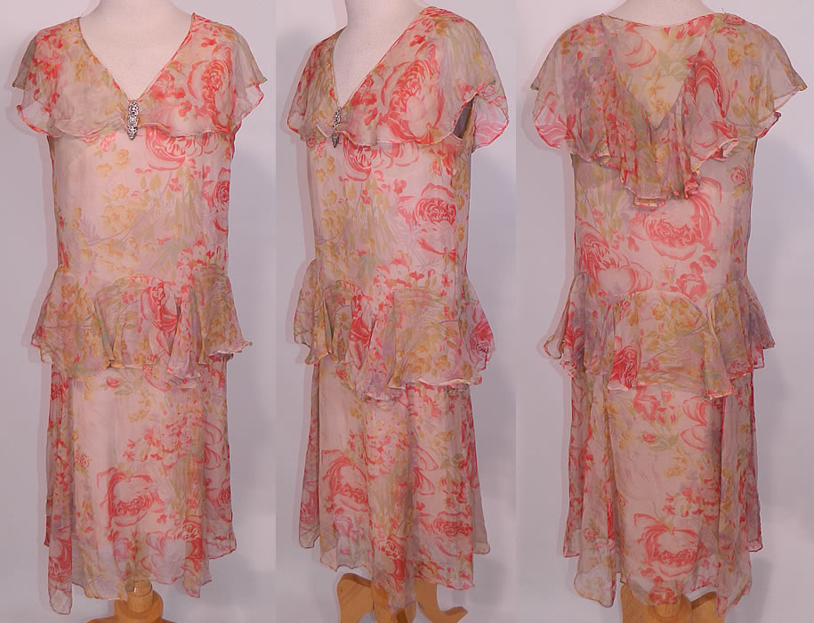 Vintage Pink Roses Print Silk Chiffon Peplum Ruffle Drop Waist Dress. 