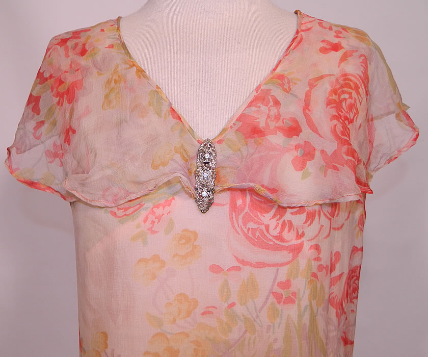 Vintage Pink Roses Print Silk Chiffon Peplum Ruffle Drop Waist Dress