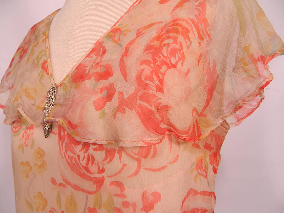 Vintage Pink Roses Print Silk Chiffon Peplum Ruffle Drop Waist Dress. 