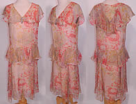 Vintage Pink Roses Print Silk Chiffon Peplum Ruffle Drop Waist Dress