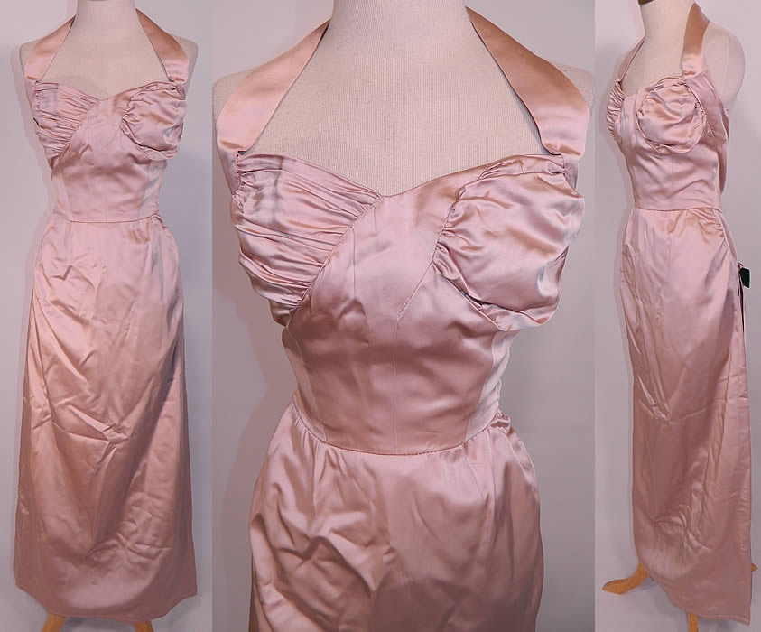 1950s Vintage Modes Royale Blush Silk Satin Sheath Wiggle Dress Evening Gown. This vintage Modes Royale blush silk satin sheath wiggle dress evening gown dates from the 1950s. It is made of a luxurious silk satin pale pink blush color fabric. 