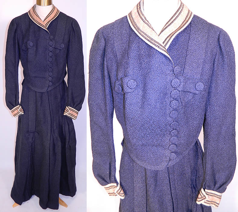 Edwardian Navy Blue Boucle Knit Wool Walking Suit Dress Bodice & Skirt. This antique Edwardian era navy blue boucle knit wool walking suit dress bodice and skirt dates from 1905. It is made of a navy blue wool boucle knit textured fabric, with a pink, black and white decorative stitched collar & cuffs. 