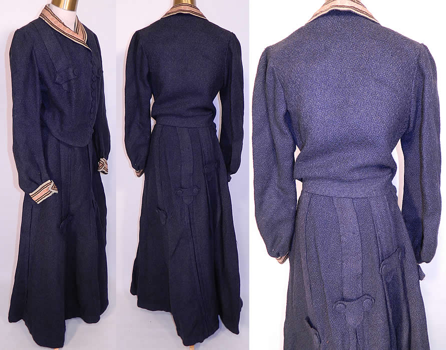 Edwardian Navy Blue Boucle Knit Wool Walking Suit Dress Bodice & Skirt. This wonderful winter two piece walking suit includes a bodice jacket, with a pouter pigeon front, attached belted waistband, long full sleeves, decorative trim, wool covered button closures down the front and is fully lined inside.