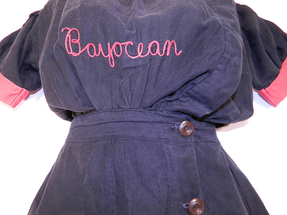 Vintage JJ Pfister Knitting Co Bayocean Bathing Suit Swimsuit Bloomers. The front top has "Bayocean" embroidered in red lettering. Bayocean was a planned resort community in Oregon which most famous attraction was a heated natatorium with wave generator and orchestra to entertain the swimmers.