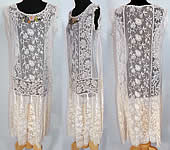 Vintage Silk Rosette Trim White Embroidered Net Filet Lace Drop Waist Dress