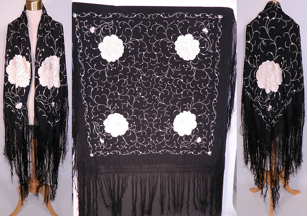 Antique Black & White Floral Silk Embroidered Canton Piano Shawl. This antique black and white floral silk embroidered Canton piano shawl dates from the 1920s. It is made of a black silk fabric background, with contrasting white silk raised padded satin stitch hand embroidery work. 