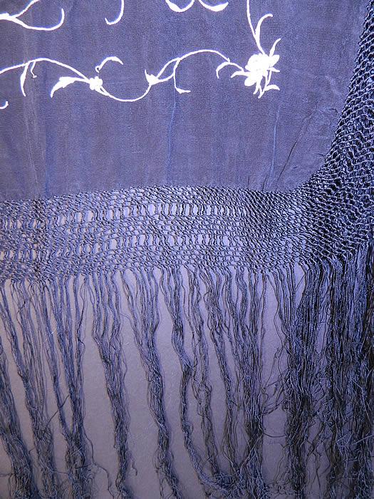 Antique Black & White Floral Silk Embroidered Canton Piano Shawl.  The shawls fabric square measures 52 by 52 inches. This quality made Manton Canton Chinese Cantonese style Spanish Flamenco shawl is in good condition. This is truly a wonderful piece of wearable textile art! 