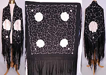 Antique Black & White Floral Silk Embroidered Canton Piano Shawl 