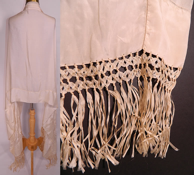 Antique Cream Silk Embroidered Fleur de Lis Wedding Shawl Scarf. The shawl measures 86 inches long, 32 inches wide, with an additional 7 inch long fringe trim. It is in excellent condition. This is truly a wonderful piece of wearable textile art! 