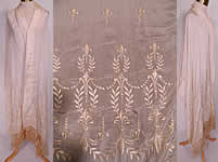 Antique Cream Silk Embroidered Fleur de Lis Wedding Shawl Scarf.