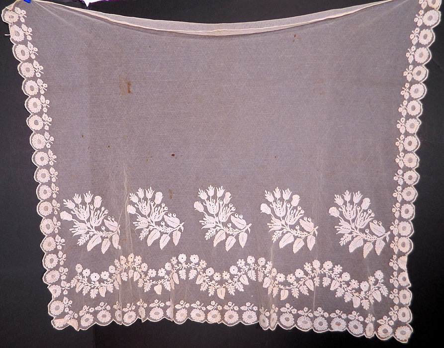 Antique Georgian Regency Blonde Lace Tambour Embroidery Bonnet Face Veil Fabric. The top edging is unadorned and has a drawstring tie sewn inside along the top seam. This lovely lace fabric is sheer, unlined and would have been worn on a poke style bonnet as a front face veil for modesty. 