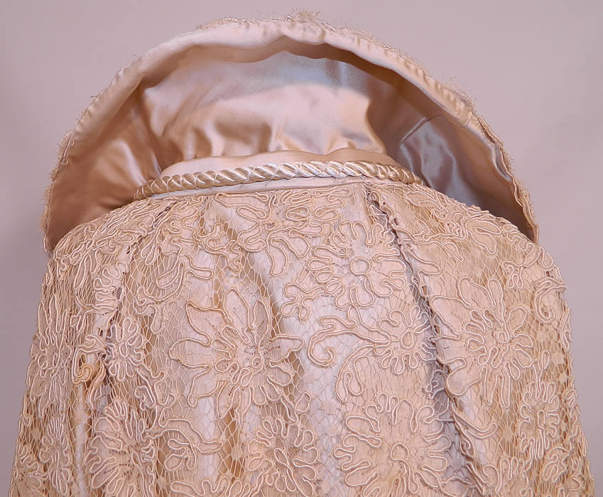 Victorian Cream Silk Soutache Net Lace Wedding Cloak Cape. The cape measures 31 inches long, with a 67 inch bottom circumference and 21 inch shoulders.