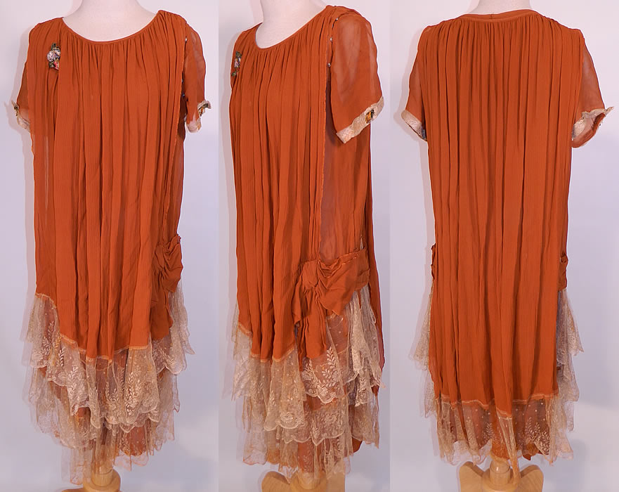 Vintage Orange Silk Rosette Lace Trim Drop Waist Dress