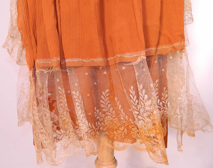 Vintage Orange Silk Rosette Lace Trim Drop Waist Dress. 