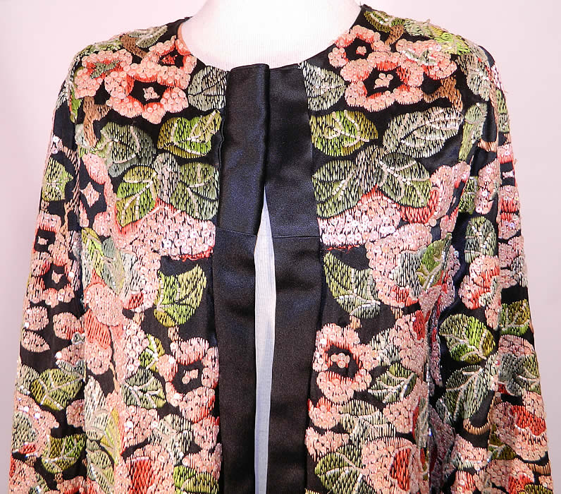 Vintage Art Deco Floral Silk Embroidered Sequin Beaded Long Coat Jacket. This amazing antique vintage Art Deco floral silk embroidered sequin beaded long coat jacket dates from the 1920s. 