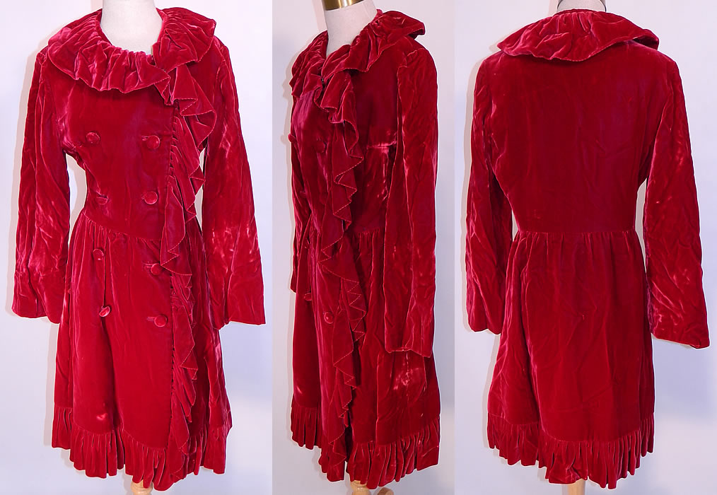 Vintage Donald Brooks Red Velvet Ruffle Double Breasted Evening Dress Coat. This marvelous mod dress coat is double breasted with velvet button closures, a velvet ruffle collar flounce neckline and trim edging, long full sleeves, a fitted waist, short skirt and is fully lined, with a "Donald Brooks" designer label sewn inside.